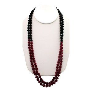 Vintage Rope Necklace 46" Long Black Siam Red Glass Bead Crystals